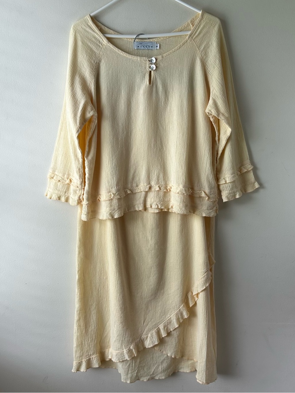 Willow Vintage Made in USA Cotton-Linen Ruffle Maxi Skirt Top Set Butter Yellow